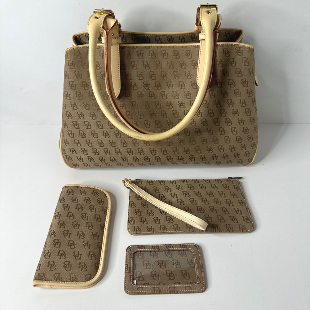 Vtg Dooney & Bourke Signature‎ Jacquard Satchel Purse Set Brown Monogram 4 Pc